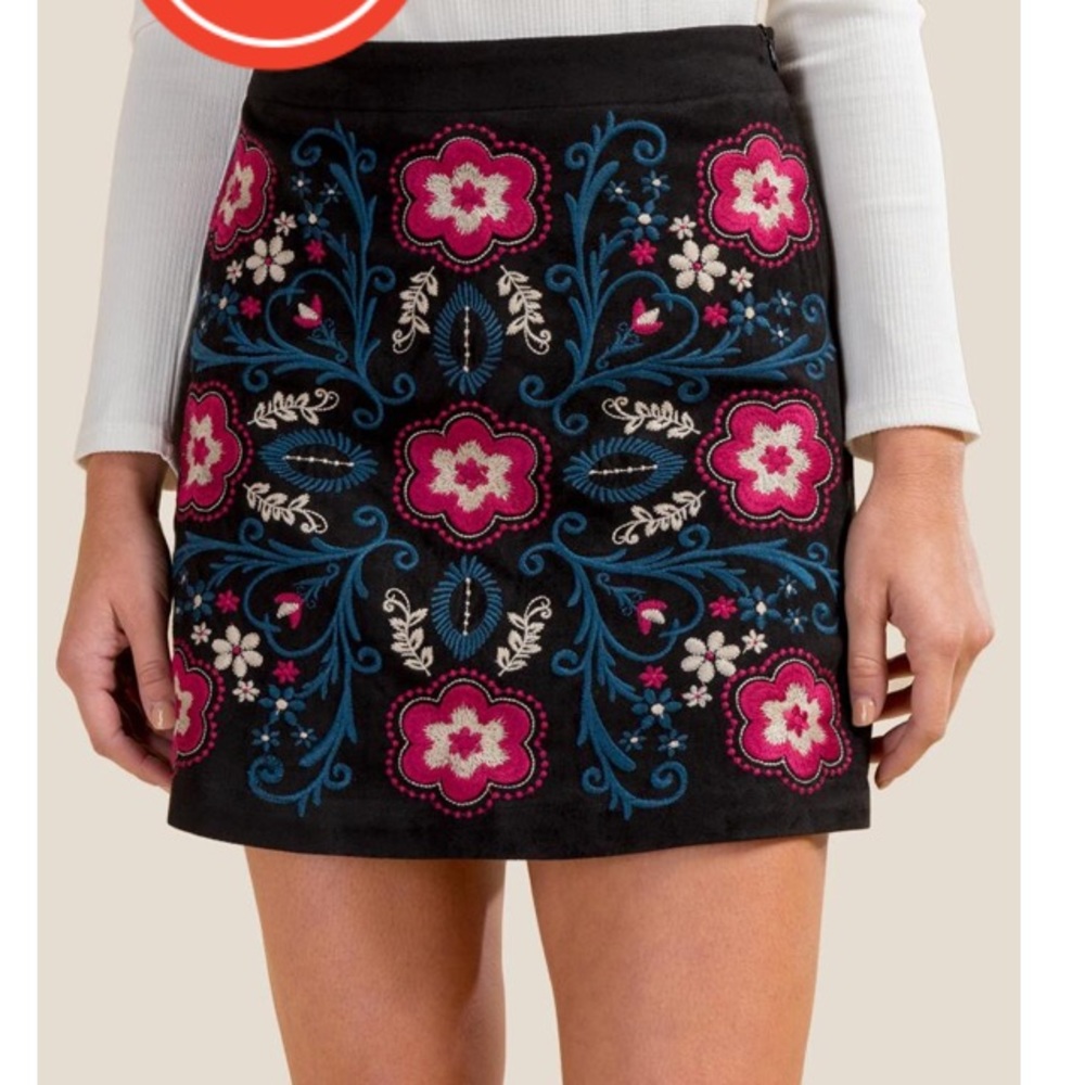 Embroidered Skirt - Faux Suede - Black